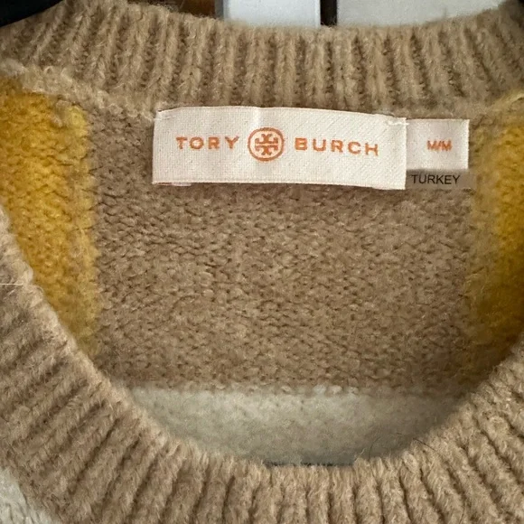 Tory Burch Intarsia Checkered Sweater Yellow Brown Preppy Fall Knit Size M - Picture 2 of 7